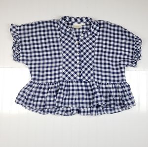 Maeve Anthropologie blue gingham loose ruffle top